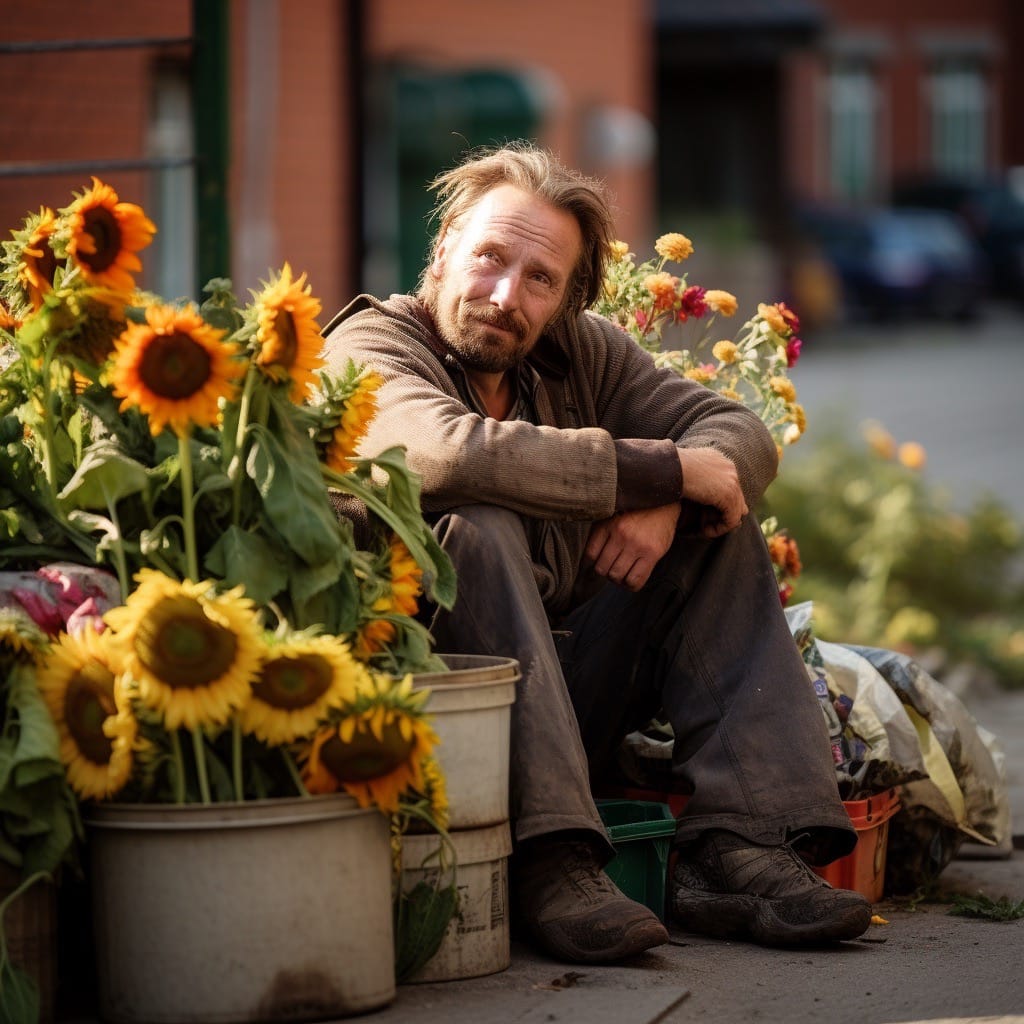 A white swedish sunflower seller in his 40s sits peace 32ef2d49 1777 451f a1a6 e4d123a4a555 stor