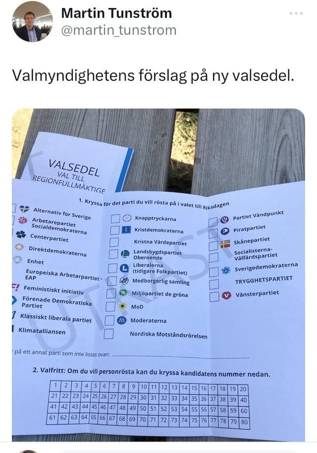 Valmyndighetens förslag på ny valsedel
