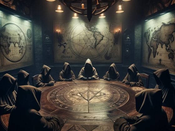 Dall·e 2023 11 19 21.47.21 a dark, atmospheric room with a large, antique wooden table. around the table, a group of mysterious figures wearing cloaks, their faces obscured, gat