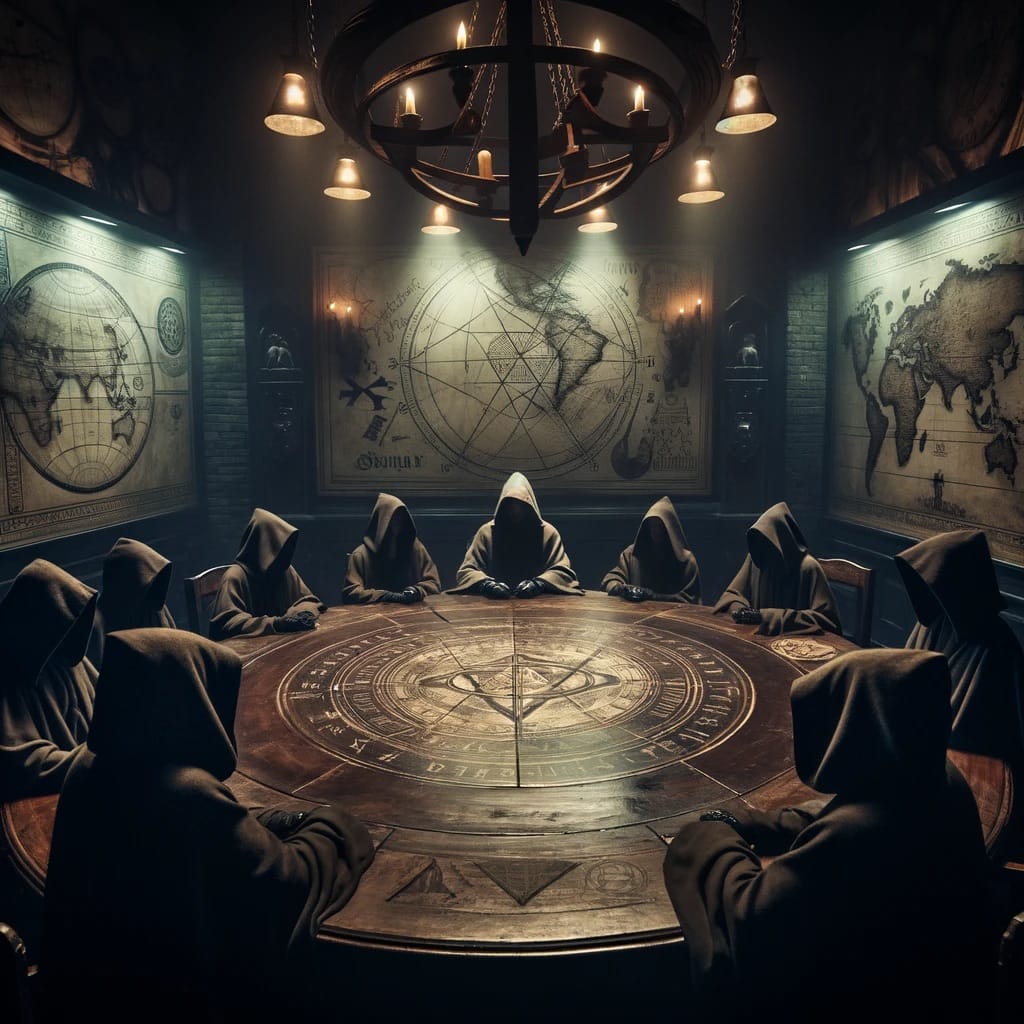 Dall·e 2023 11 19 21.47.21 a dark, atmospheric room with a large, antique wooden table. around the table, a group of mysterious figures wearing cloaks, their faces obscured, gat