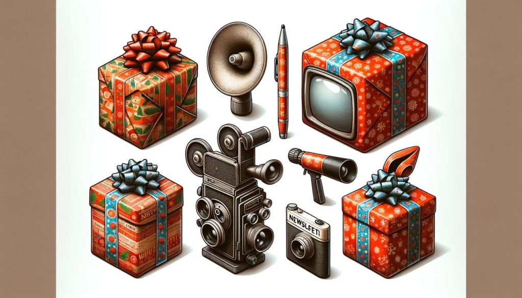 Dall·e 2023 12 20 18.12.45 a traditional tv a newsletter a megaphone a movie camera a camera and a pen all individually wrapped in festive christmas wrapping paper. each i stor
