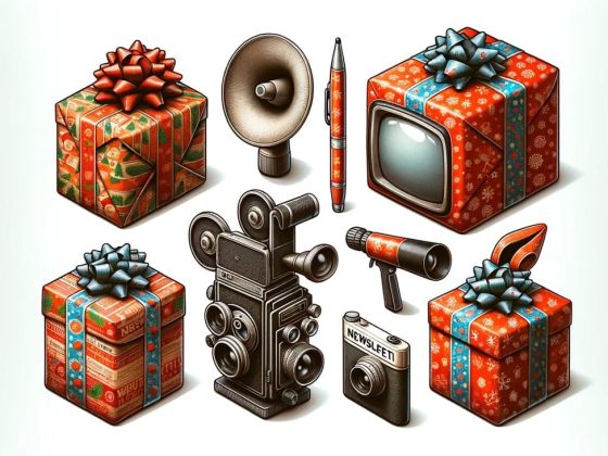 Dall·e 2023 12 20 18.12.45 a traditional tv a newsletter a megaphone a movie camera a camera and a pen all individually wrapped in festive christmas wrapping paper. each i stor