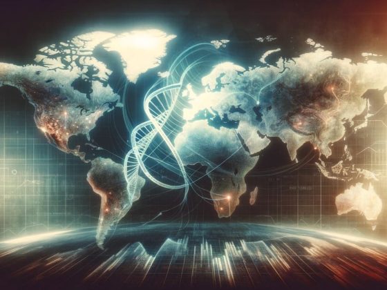 A conceptual image depicting a world map with dna strands intertwining across continents, symbolic of a global health agenda and the merging of humani stor
