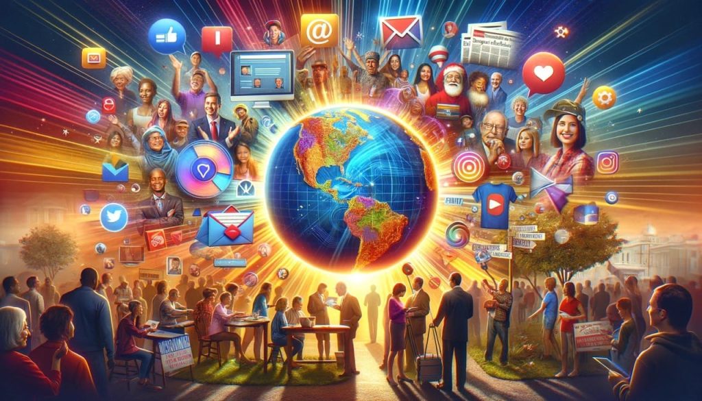 A vibrant and compelling digital collage illustrating a multifaceted political campaign strategy. the image features various elements representing dif stor