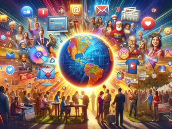 A vibrant and compelling digital collage illustrating a multifaceted political campaign strategy. the image features various elements representing dif stor