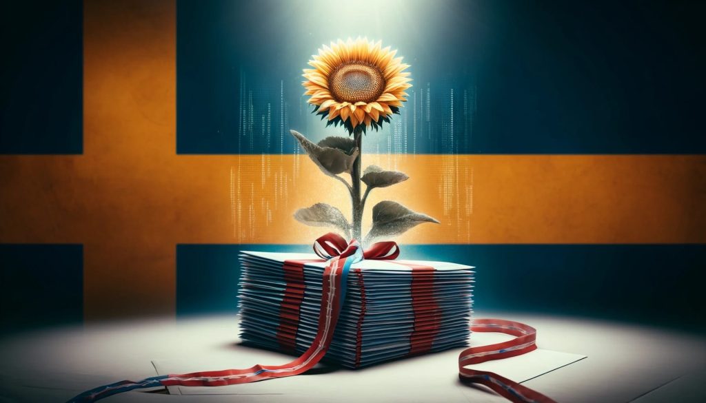 Dall·e 2024 04 26 15.25.13 a conceptual image representing a political chain letter from the rapidly growing party in sweden called mod. the image includes a large sunflower sym