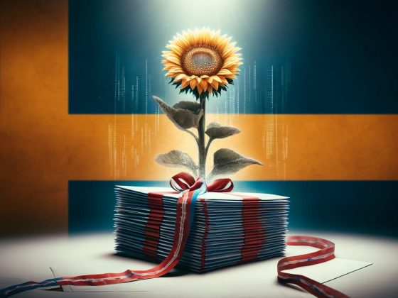 Dall·e 2024 04 26 15.25.13 a conceptual image representing a political chain letter from the rapidly growing party in sweden called mod. the image includes a large sunflower sym