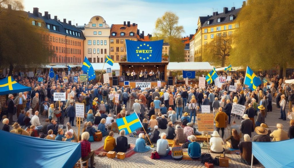 Dall·e 2024 05 03 15.32.52 a peaceful demonstration with eu critical themes in a generic urban square. the scene is lively with a folk like atmosphere, featuring a diverse group stor