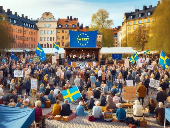 Dall·e 2024 05 03 15.32.52 a peaceful demonstration with eu critical themes in a generic urban square. the scene is lively with a folk like atmosphere, featuring a diverse group stor