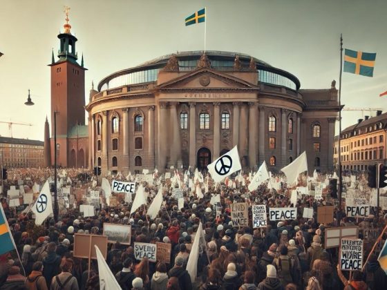 Dall·e 2024 09 06 10.42.30 a peaceful protest scene in front of the swedish parliament, with people holding white flags symbolizing peace. banners and signs advocating for peace stor