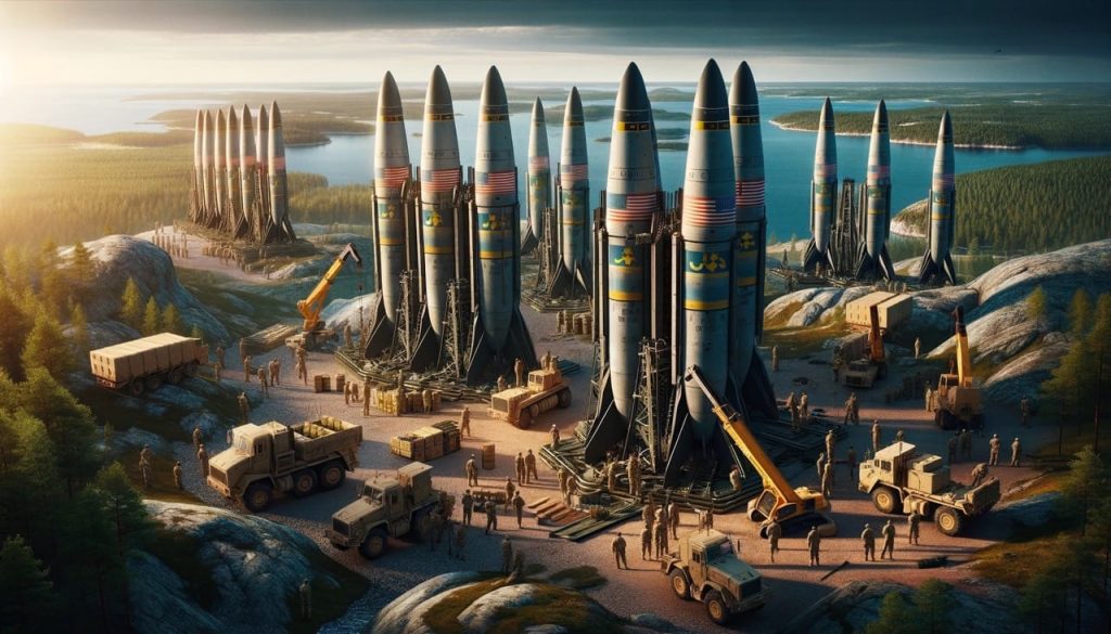 A provocative and intense scene in a 16 9 format, where distinctly american soldiers are setting up nuclear missiles on swedish soil, aimed towards ru stor
