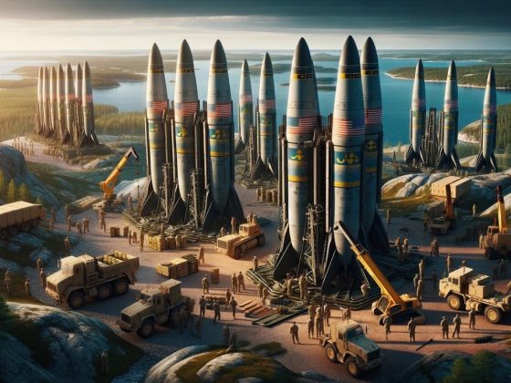 A provocative and intense scene in a 16 9 format, where distinctly american soldiers are setting up nuclear missiles on swedish soil, aimed towards ru stor